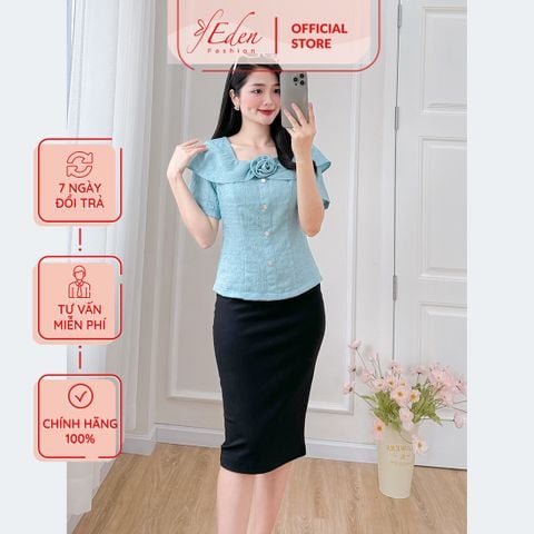  Áo kiểu nữ công sở cổ vuông tay ngắn phối hoa thời trang Eden - ASM239 