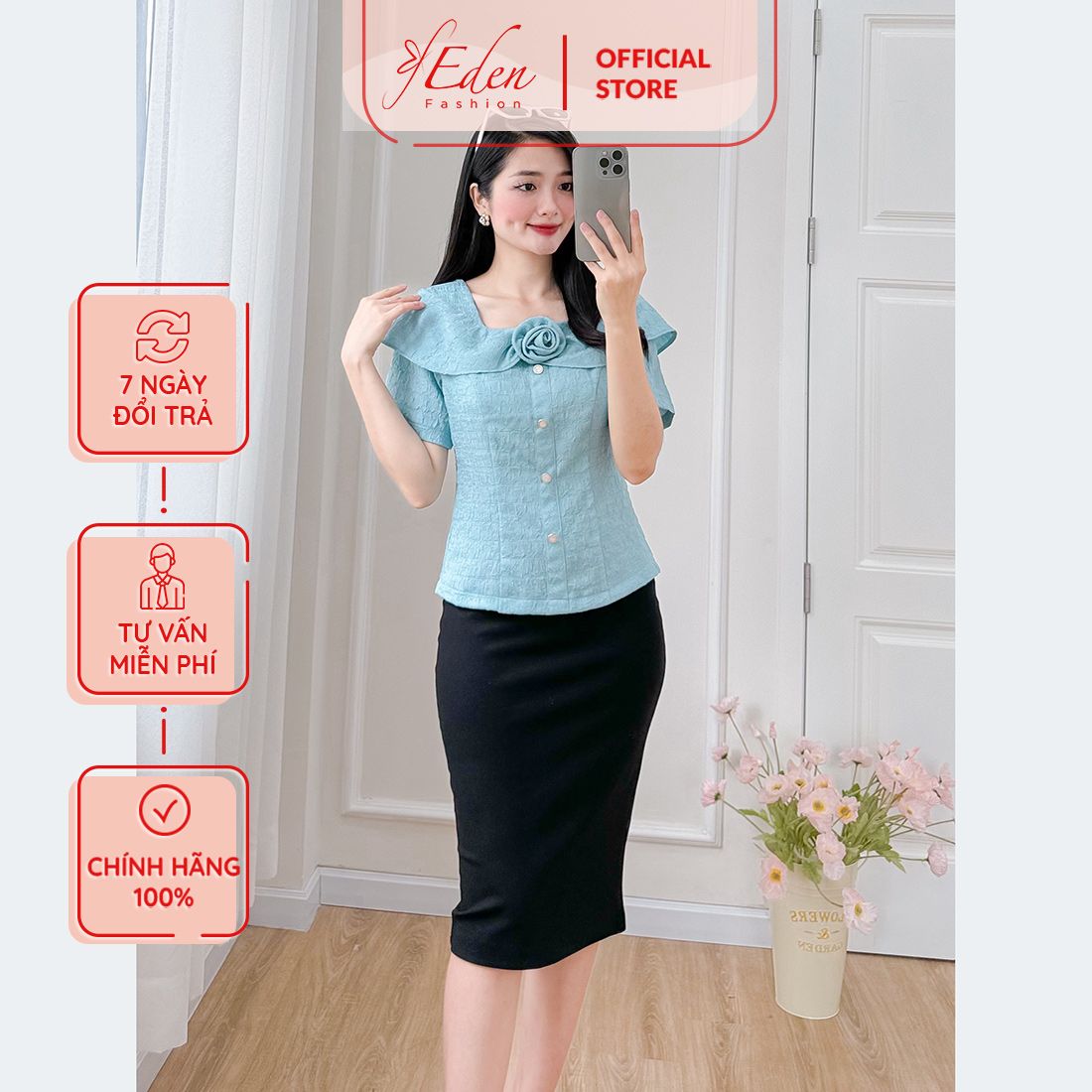 Áo kiểu nữ công sở cổ vuông tay ngắn phối hoa thời trang Eden - ASM239