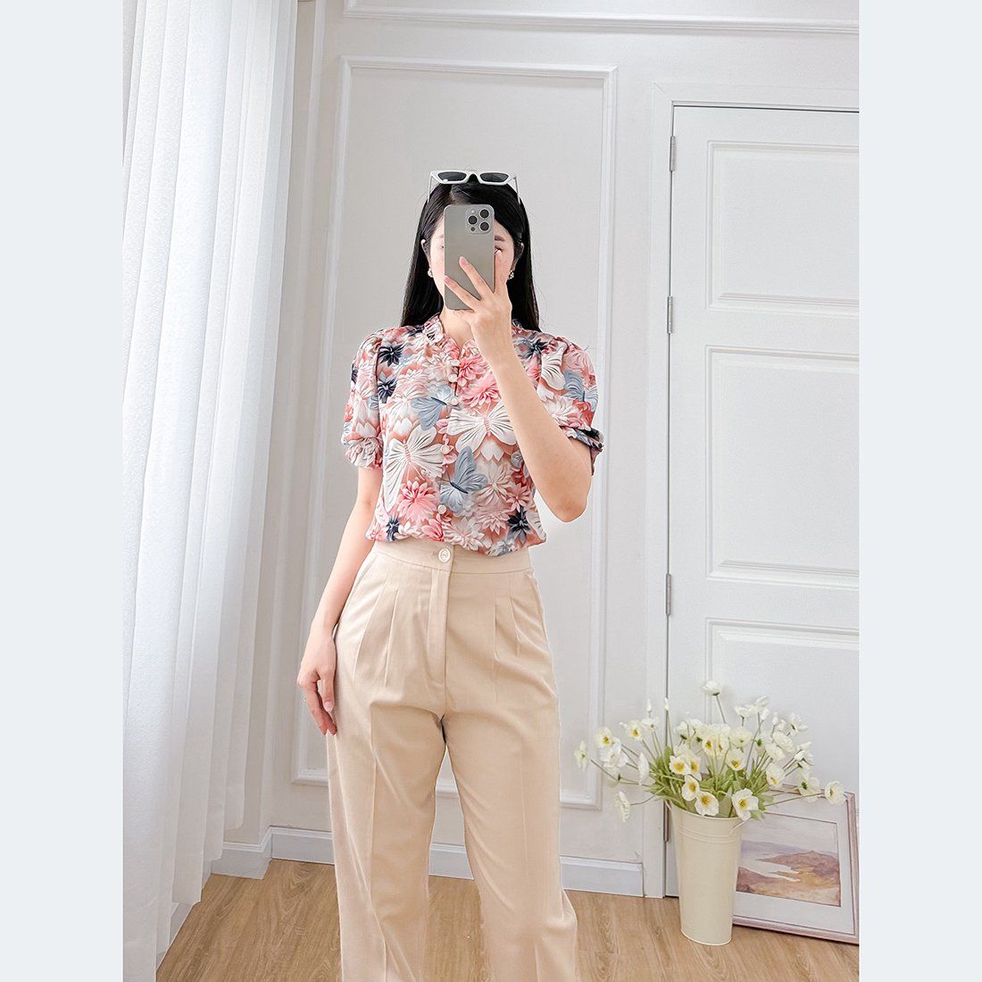 Áo kiểu nữ dáng suông công sở họa tiết hoa 3d thời trang Eden - ASM249
