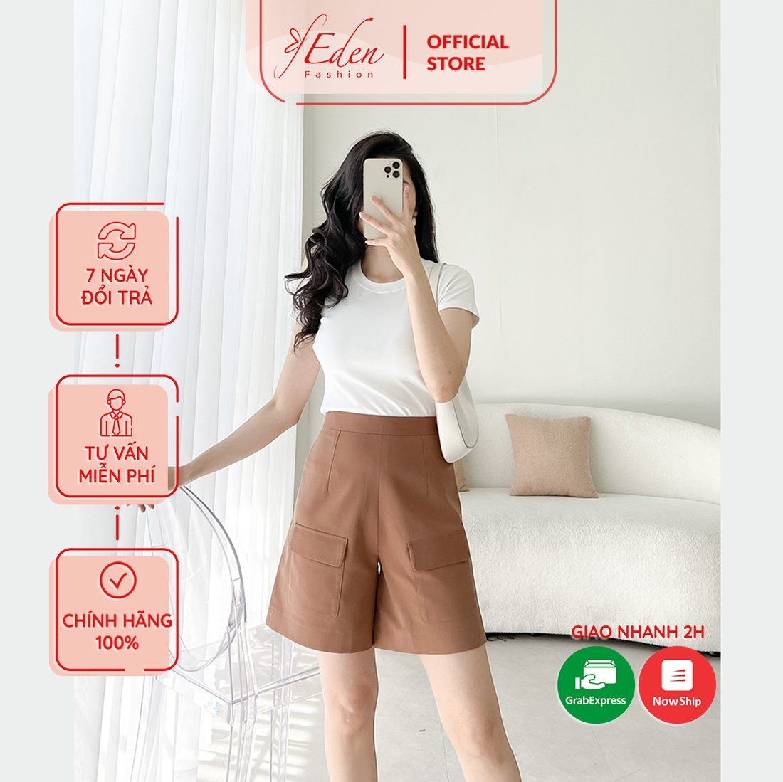 Quần short nữ lưng cao phối túi thời trang Eden - Q018