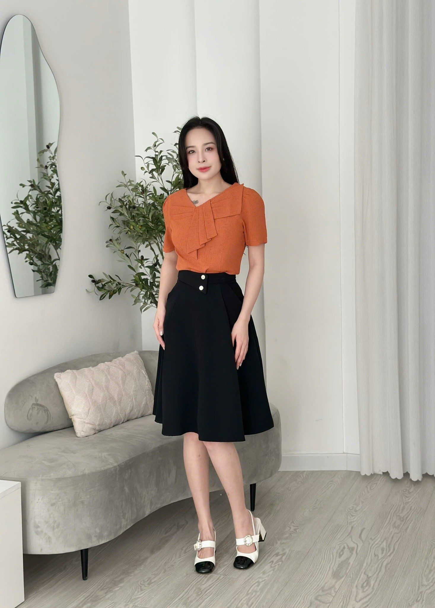 Áo kiểu công sở nữ tính form eo cổ lệch cách điệu thời trang Eden - ASM255