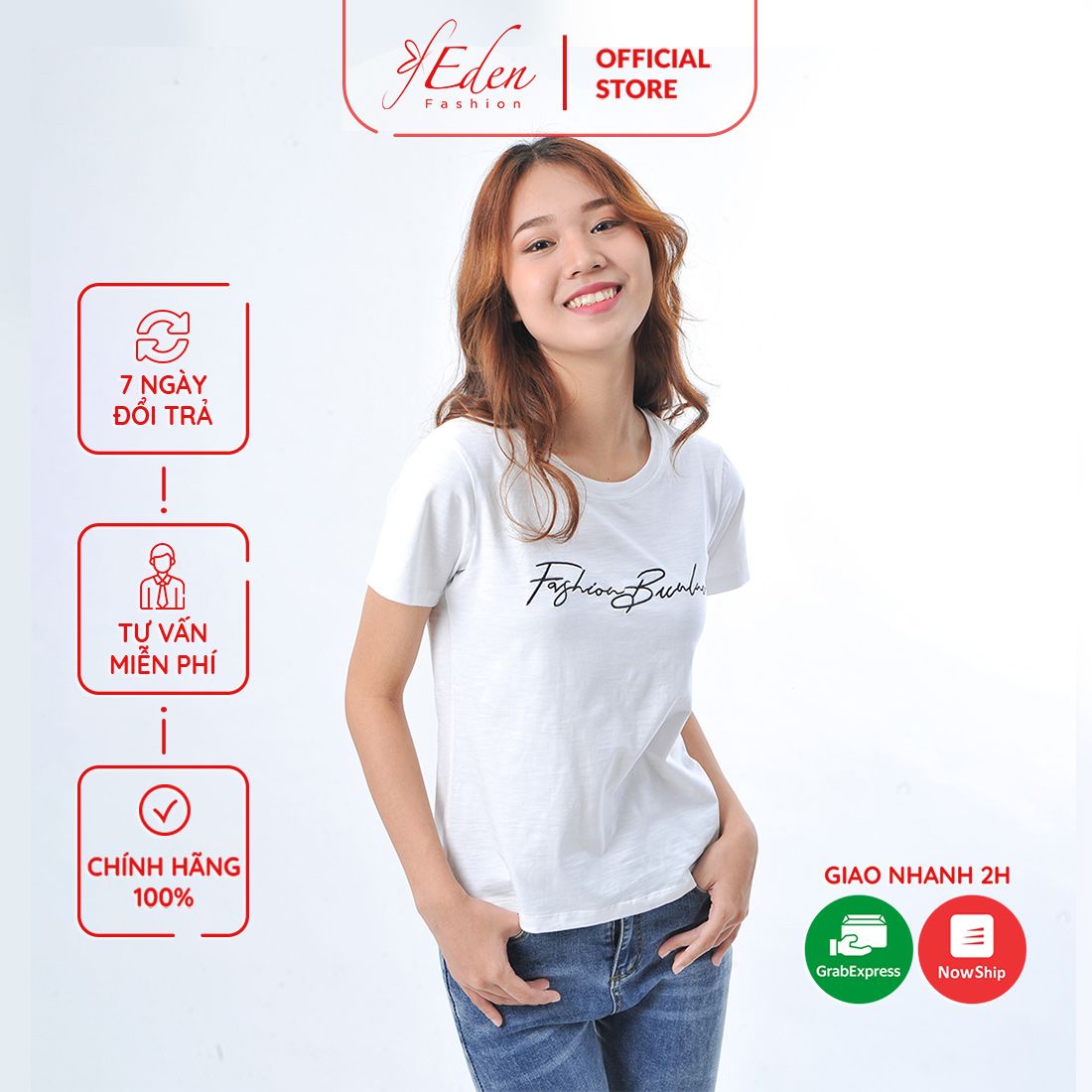 Áo thun nữ tay ngắn cổ tròn thời trang Eden thêu chữ - AT094