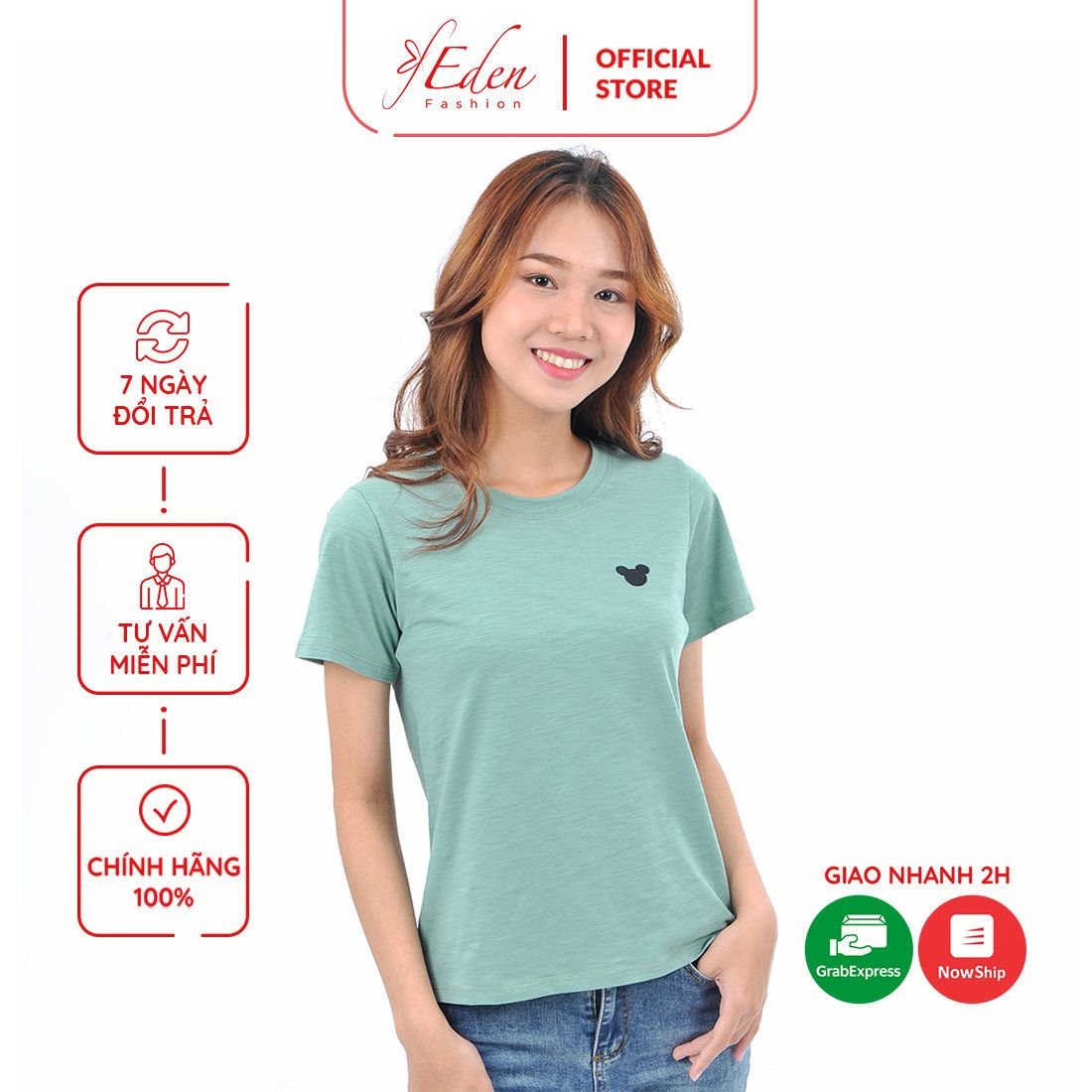 Áo thun nữ tay ngắn cổ tròn thời trang Eden thêu hình - AT092