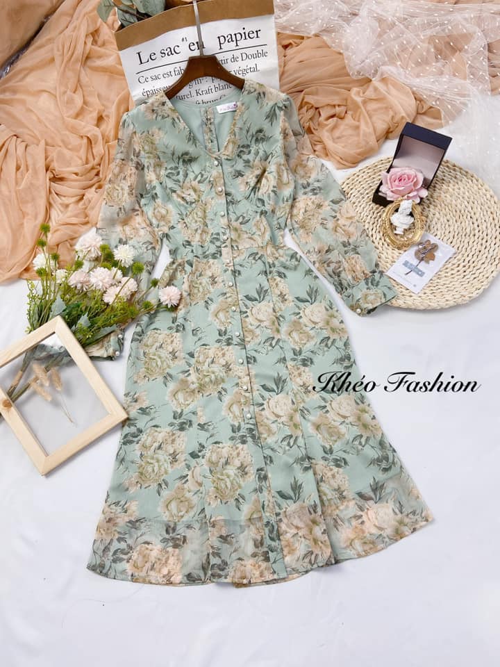 Đầm voan tay lỡ hoa nổi màu xanh  Quần Áo Xưởng May ANN