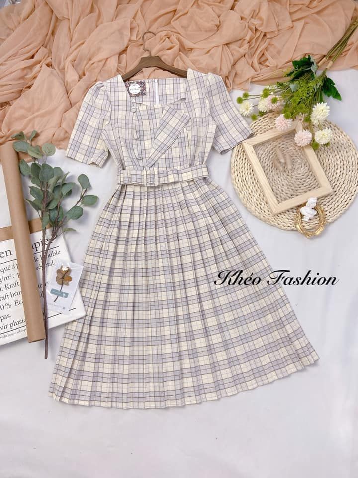 Chân váy xòe xếp li caro hồng  La Belle Store