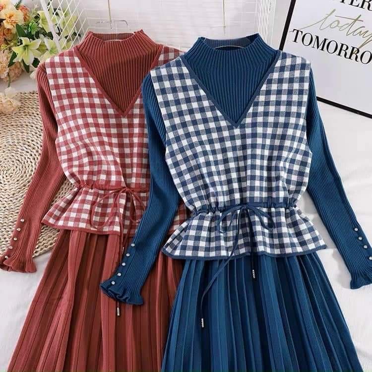 N8431  Set áo và chân váy len xòe nữ thu đông cho người mập  giá 860k