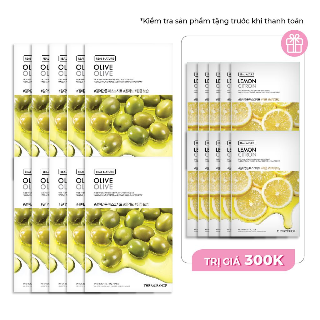  Combo 10  Mặt Nạ Giấy Cung Cấp Ẩm Tối Ưu THEFACESHOP REAL NATURAL OLIVE FACE MASK 