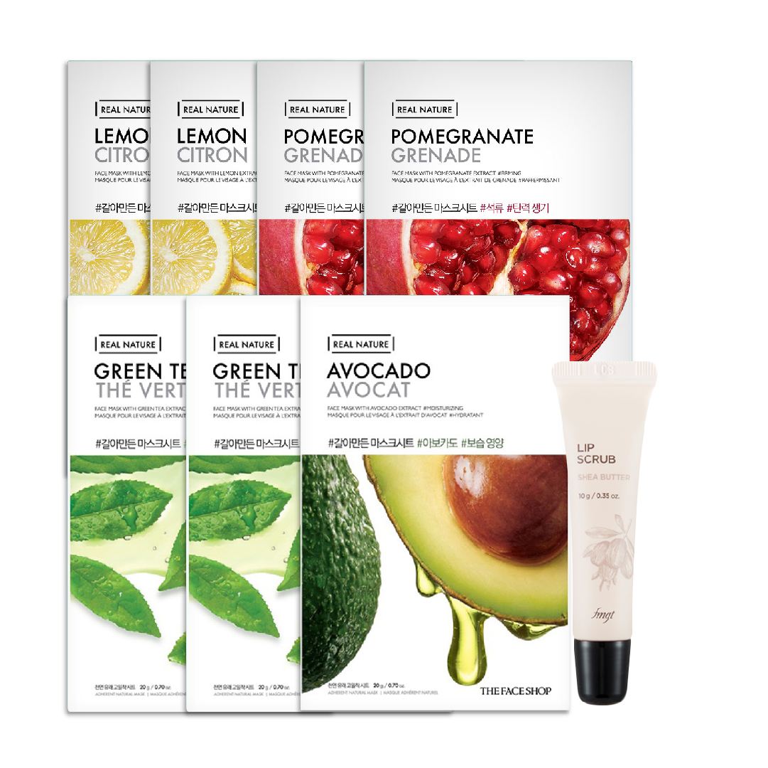 Combo Kem Tẩy Tế Bào Chết Môi LIP SCRUB 10g & 7 Mặt Nạ Mix REAL NATURE (2 chanh, 2 lựu, 2 trà xanh, 1 bơ)