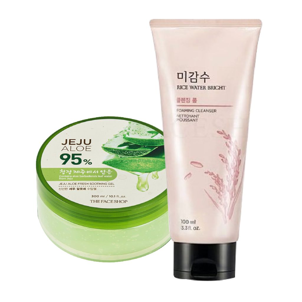  (Gift) 1 Gel Dưỡng Da Đa Năng JEJU ALOE FRESH SOOTHING GEL 300ml & 1 Sữa Rửa Mặt Làm Sáng Da THEFACESHOP RICE WATER BRIGHT CLEANSING FOAM 100ML 