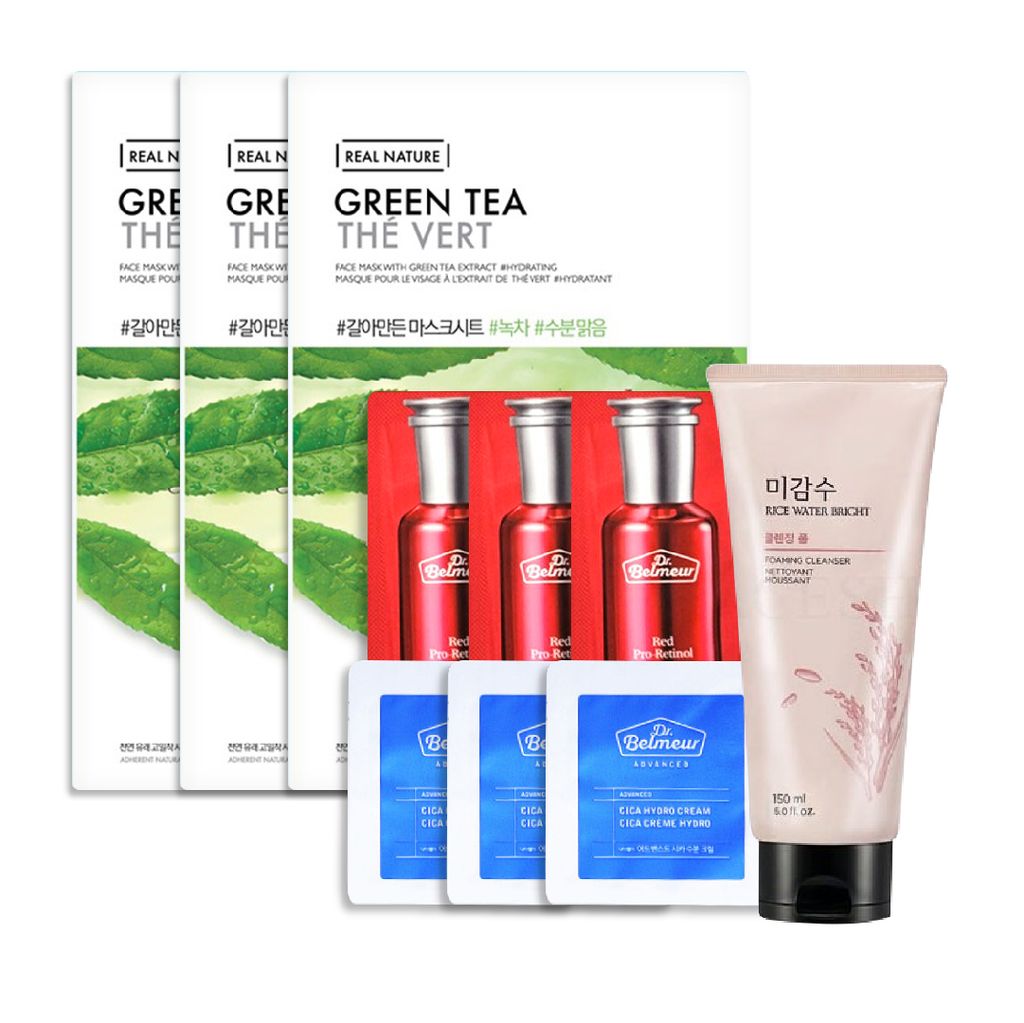  (Gift) 1 Sữa Rửa Mặt Gạo THEFACESHOP 150ml, 3 Tinh Chất DR.BELMEUR RED PRO-RETINOL SERUM 1.2ml, 3 Kem Dưỡng DR.BELMEUR ADVANCED CICA 1.2ml & 3 Mặt Nạ Trà Xanh 