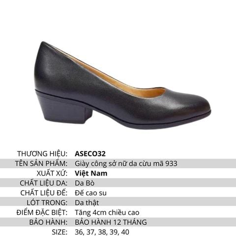 Giày công sở nữ làm từ chất liệu da mềm mại, đế cao su cao 4cm bền nhẹ nhàng, bảo hành 12 tháng màu đen Mã 933A