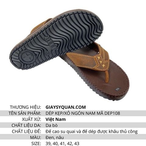 Dép Nam Da Bò Thật Dép Thời Trang Nam Xỏ Ngón Đế Cao Su Chống Trơn Trượt Mã 108