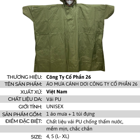 Áo Mưa Quân Đội Kiểu Cánh Dơi Công Ty Cổ Phần 26 Chất Liệu PU Chống Thấm Nước