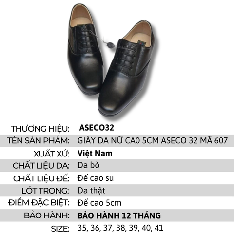 Giày Da Nữ Cao 5cm Aseco 32 Mã 607 (Giày Quân Đội Nữ)