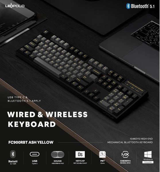 Bàn Phím Cơ Không Dây - Leopold FC900RBT PD Ash Yellow | BT5.1| USB-C | Cherry MX Switch