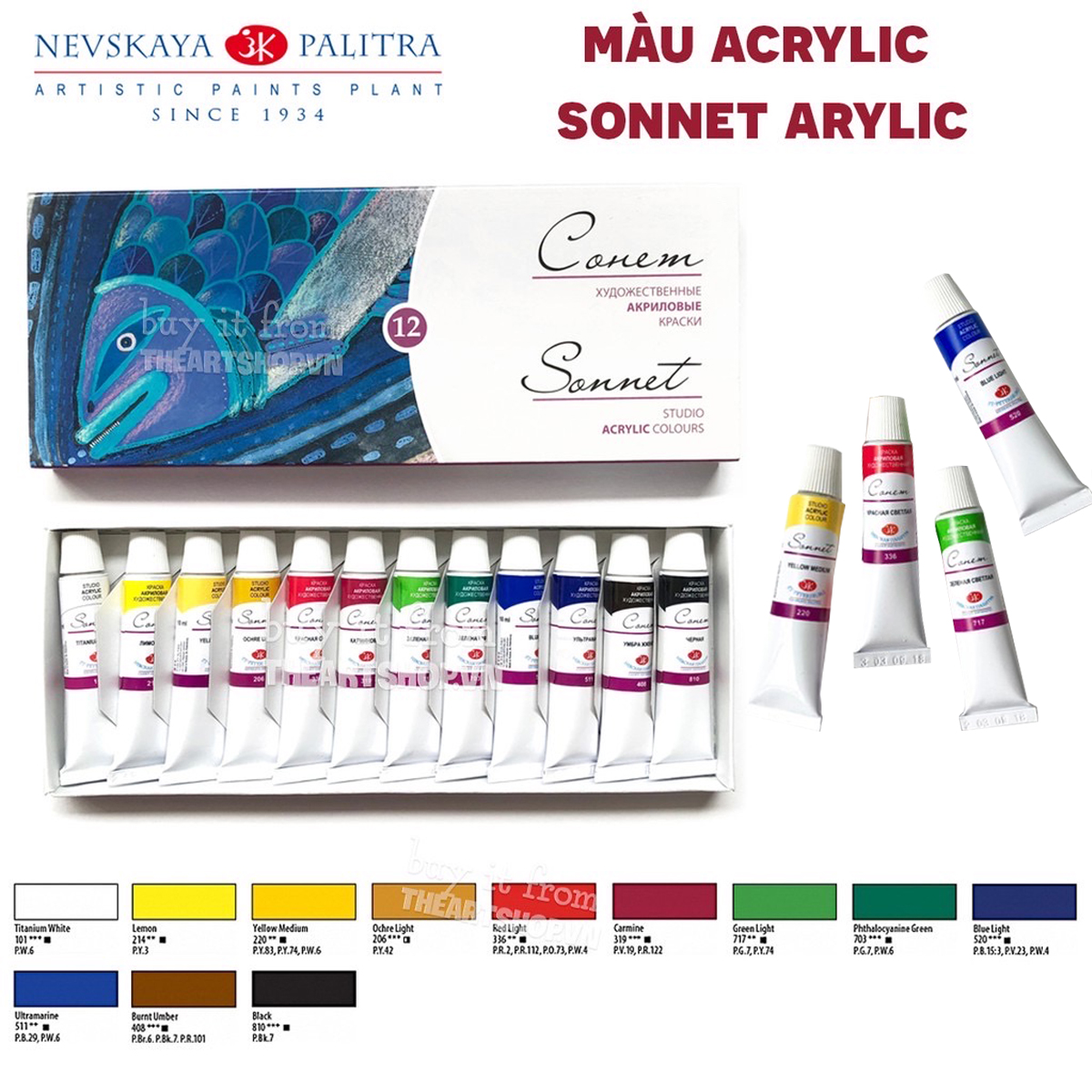 Bộ màu Acrylic SONNET - SONNET Acrylic Set 12 (10ml)