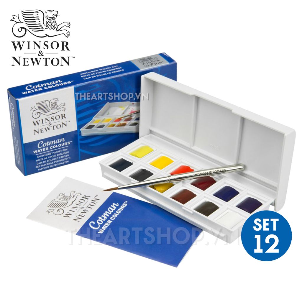 Bộ màu nước WINSOR 12 màu - WINSOR & NEWTON COTMAN Watercolor Sketchers' Pocket Box Set (12 Half Pans)