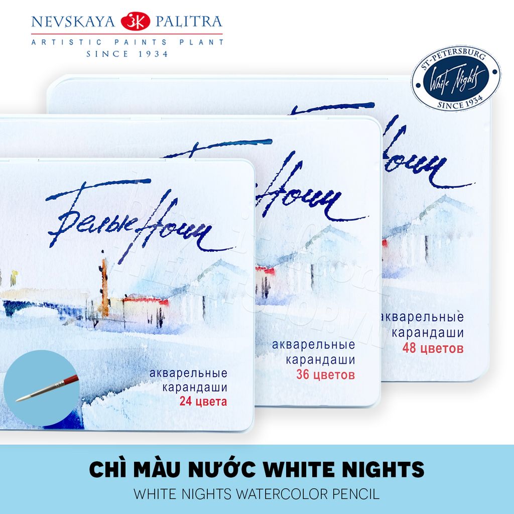 Bộ màu chì nước WHITE NIGHTS 24/36/48 màu (Hộp thiếc) - NEVSKAYA PALITRA WHITE NIGHTS Set 24/36/48 Watercolor Pencils (Metal box)
