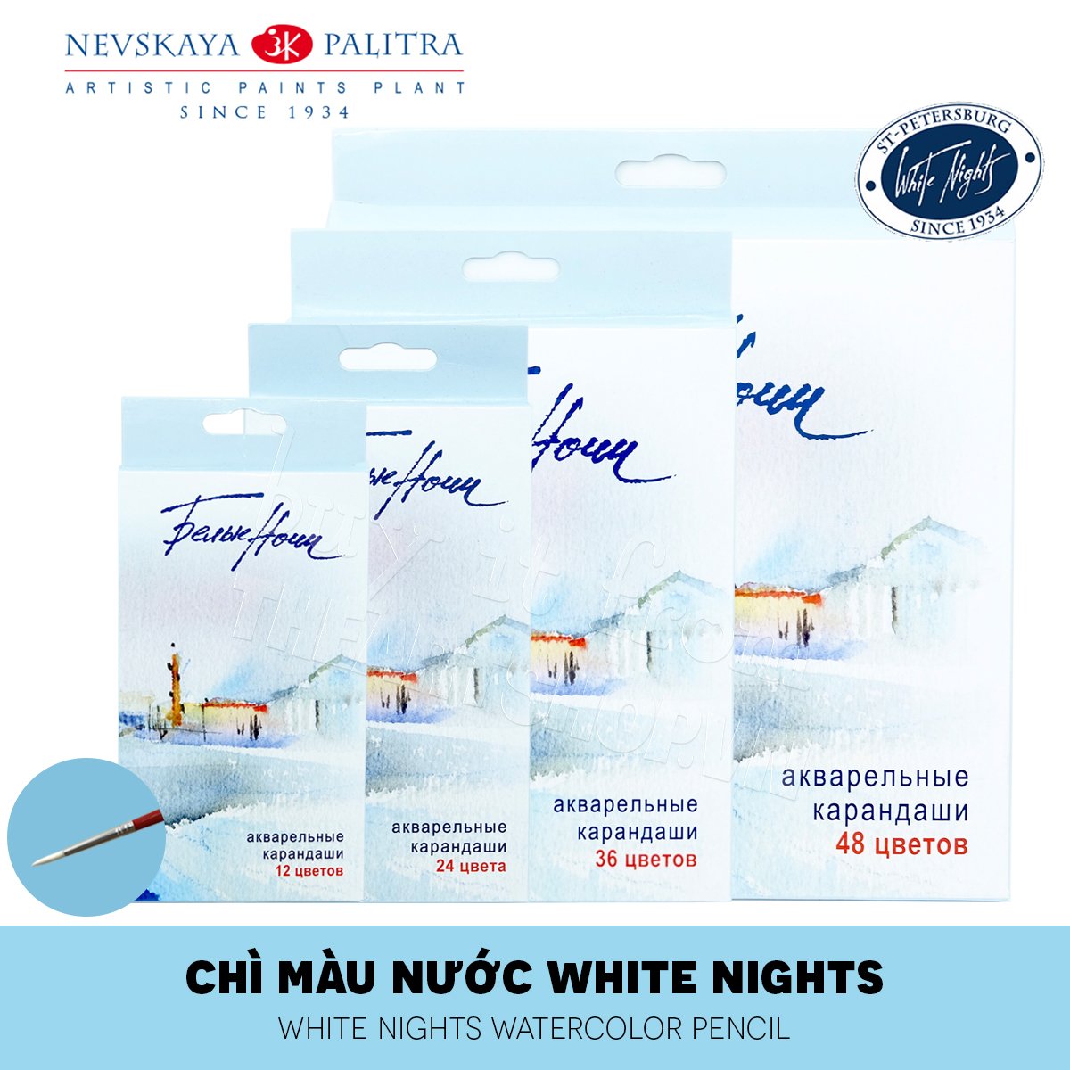 Bộ màu chì nước WHITE NIGHTS 12/24/36/48 màu (Hộp giấy) - NEVSKAYA PALITRA WHITE NIGHTS Set 12/24/36/48 Watercolor Pencils (Paper box)