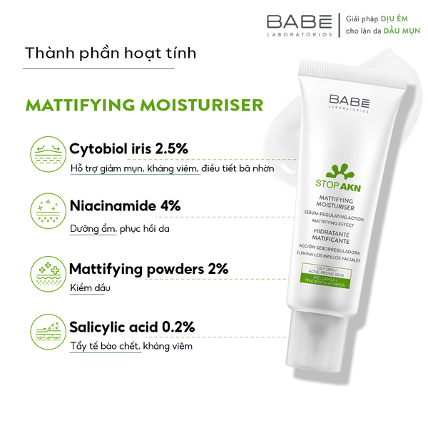 Kem dưỡng ẩm kiềm dầu trị mụn BABE Stop AKN Mattifying Moisturiser