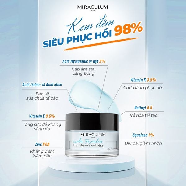 Kem dưỡng ẩm ban đêm cho da dầu, siêu phục hồi Miraculum Thermal Water Actively Moisturizing Cream Night 98% nature