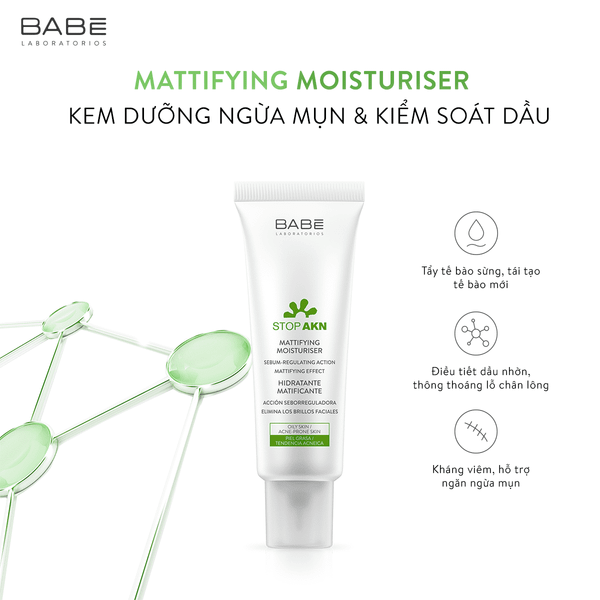 Kem dưỡng ẩm kiềm dầu trị mụn BABE Stop AKN Mattifying Moisturiser