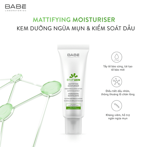 Kem dưỡng ẩm kiềm dầu trị mụn BABE Stop AKN Mattifying Moisturiser