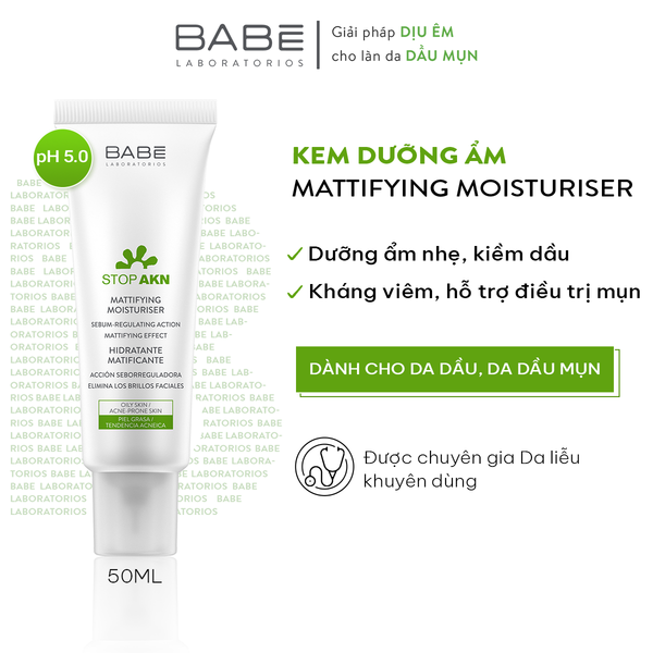 Kem dưỡng ẩm kiềm dầu trị mụn BABE Stop AKN Mattifying Moisturiser