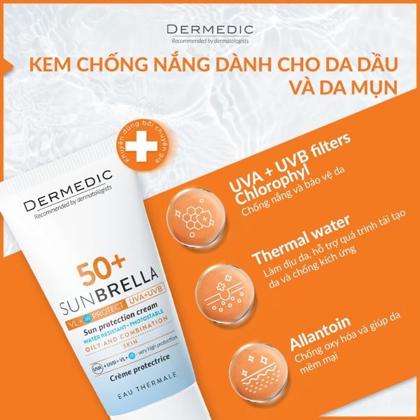 Kem chống nắng cho da dầu, da mụn, da hỗn hợp Dermedic SUNBRELLA Sun protection cream oily and combination