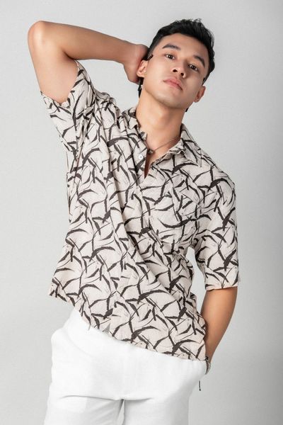  Baron Áo sơ mi nam tay ngắn vải linen rayon 