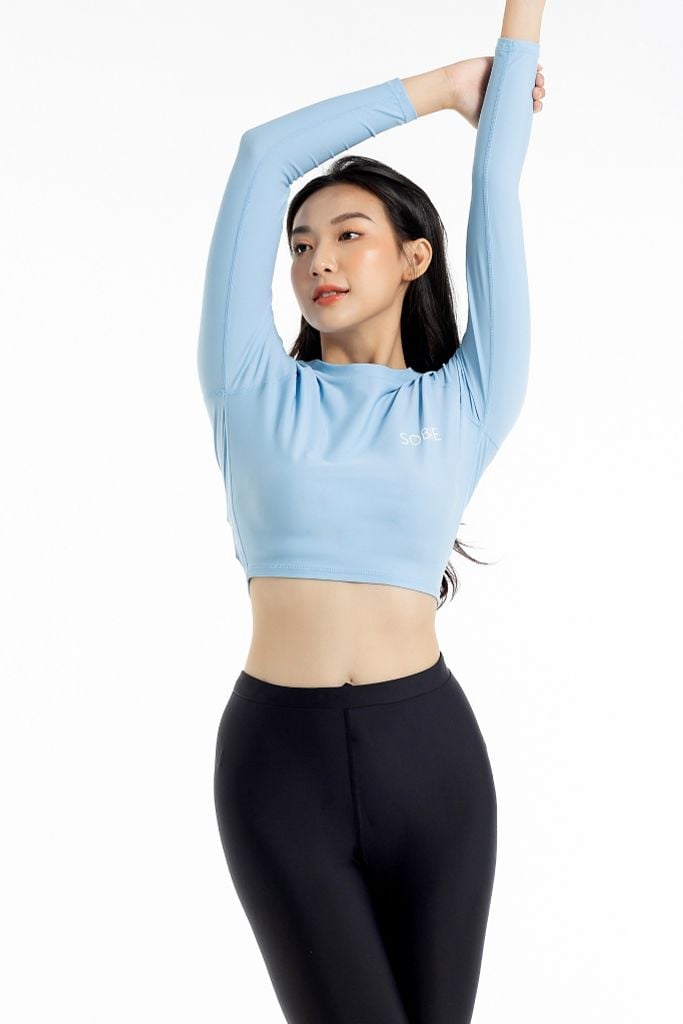 Áo Bơi Nữ Tay Dài Croptop - Basic Blue, ảnh 2