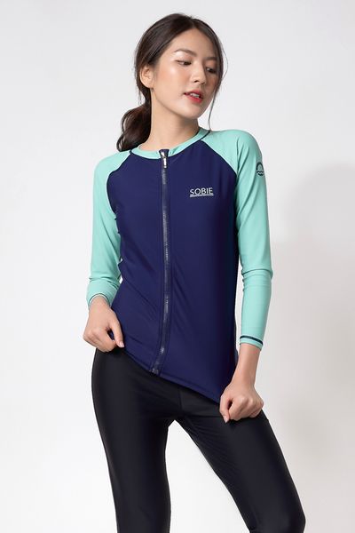 Áo Bơi Nữ Tay Dài Zipper Green Mixed Top 