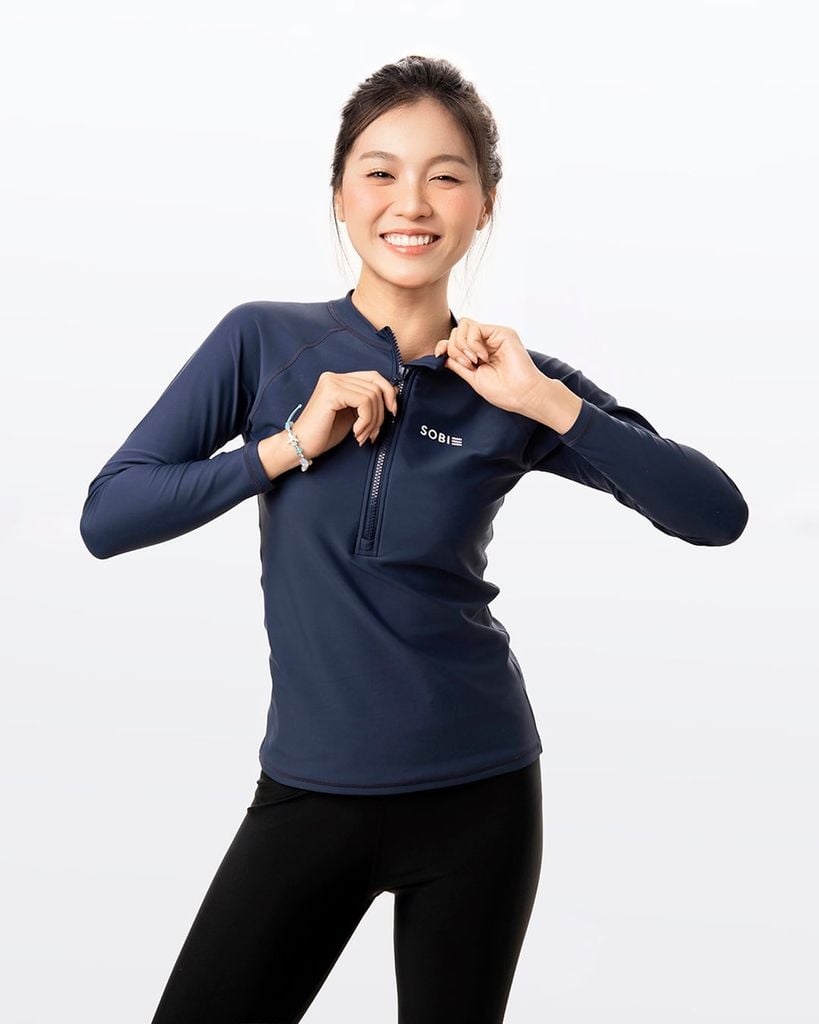 Áo bơi nữ tay dài chống nắng khoá kéo Navy, ảnh 2