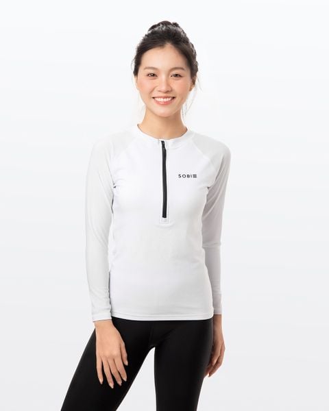  Áo bơi nữ tay dài chống nắng khoá kéo White On 