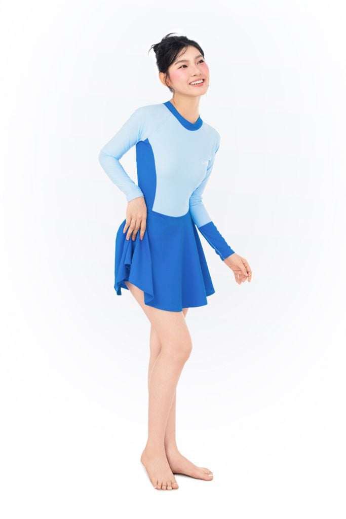 Đồ bơi nữ liền thân váy tay dài kín đáo và chống nắng Marine Blue, ảnh 3