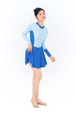  Đồ bơi nữ liền thân váy tay dài kín đáo và chống nắng Marine Blue 