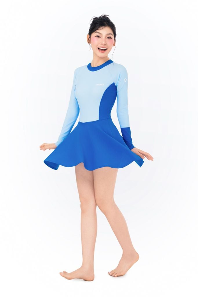 Đồ bơi nữ liền thân váy tay dài kín đáo và chống nắng Marine Blue, ảnh 2