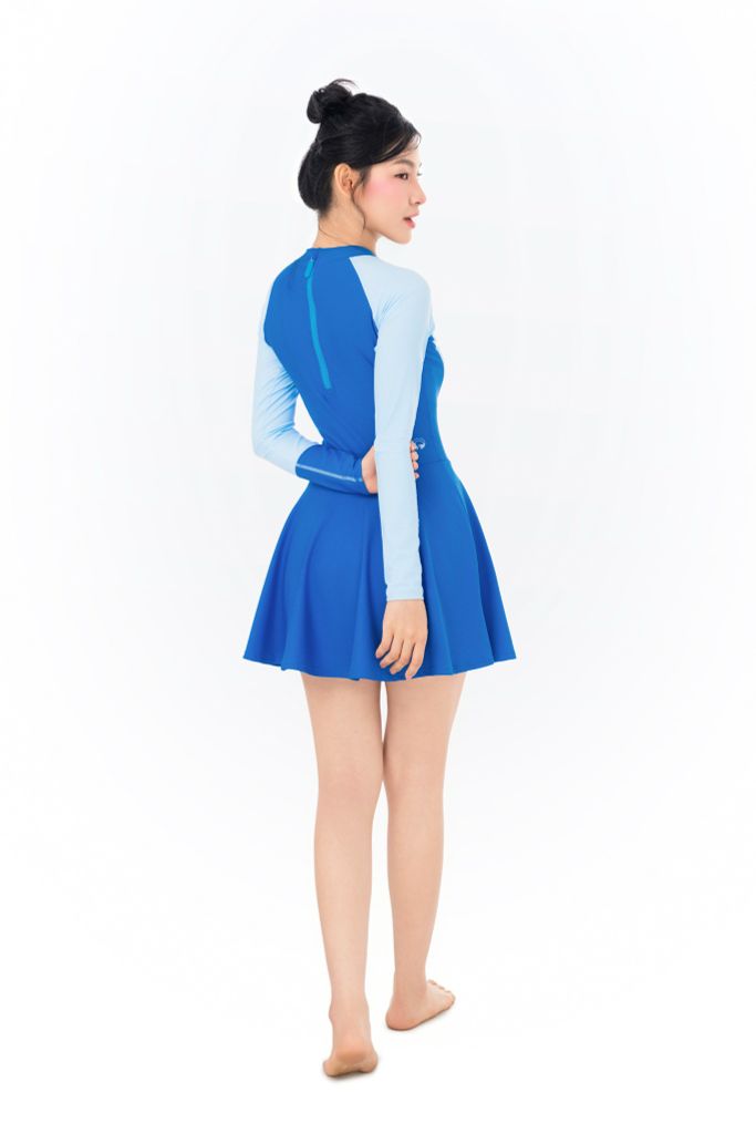 Đồ bơi nữ liền thân váy tay dài kín đáo và chống nắng Marine Blue, ảnh 5