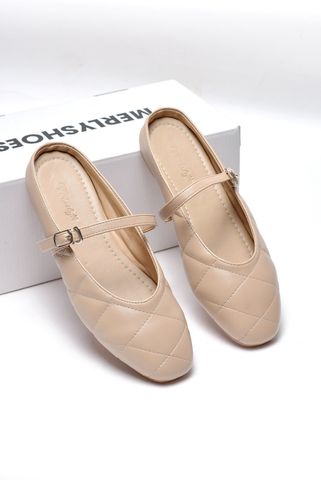 Giày Sục Nữ Giày Búp Bê Quai Ngang Mũi Vuông Chần Chỉ Merly 1584 Kem Nâu 35-43, Giày Bệt Nữ Bít Mũi Đế Cao Su Chống Trơn, Giày Dép Nữ Big Size