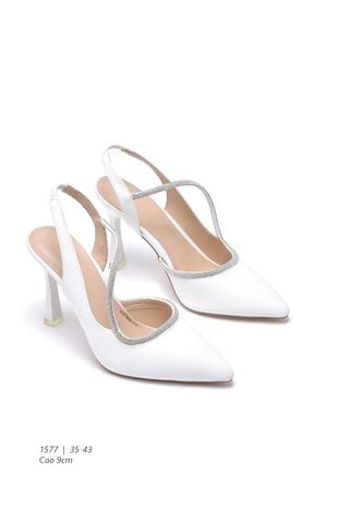 Giày Cao Gót Trắng Mũi Nhọn 9cm, Giày Cao Gót Big Size, Giày Slingback, Sandal Bít Mũi Hở Gót, Giày Cưới Cô Dâu, Giày Đi Tiệc, Giày Nữ Thương Hiệu Merly 1577 Trắng