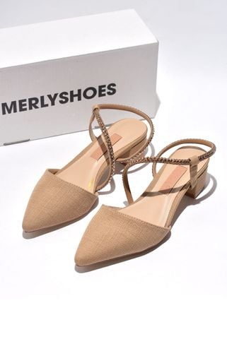 Giày Đế Thấp 3cm Bít Mũi Hỏ Gót Đế Vuông Dây Đính Đá Big Size 35 - 43 Merly 1047, Giày Nữ Big Size, Giày Màu Nâu Tây, Giày Đi Tiệc, Giày Mũi Nhọn, Giày Đế Vuông, Giày Slingback, Sandal Bít Mũi, Màu Nâu Vintage