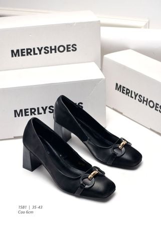 Giày Cao Gót Đế Vuông 6cm Khóa Ngang Merly 1581 Màu Đen, Giày Cao Gót Big Size 35-43, Giày Bít Mũi Nữ, Giày Công Sở Nữ, Giày Mũi Vuông Da Microfiber Mềm Mát & Chống Bám Bẩn Cao, Giày Cao Gót Big Size