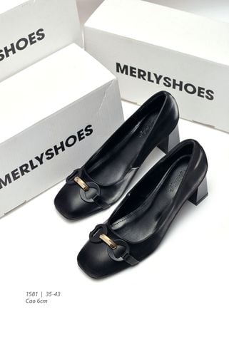 Giày Cao Gót Đế Vuông 6cm Khóa Ngang Merly 1581 Màu Đen, Giày Cao Gót Big Size 35-43, Giày Bít Mũi Nữ, Giày Công Sở Nữ, Giày Mũi Vuông Da Microfiber Mềm Mát & Chống Bám Bẩn Cao, Giày Cao Gót Big Size