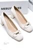 Giày Cao Gót Mũi Vuông Đế Vuông Trụ 6cm Khóa Ngang Merly 1581-6p Trắng Ngà, Giày Cao Gót Big Size 35-43, Giày Bít Mũi Nữ, Giày Công Sở Nữ, Giày Mũi Vuông Da Microfiber Mềm Mát & Chống Bám Bẩn Cao, Giày Cao Gót Big Size
