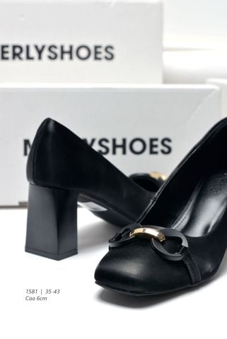 Giày Cao Gót Đế Vuông 6cm Khóa Ngang Merly 1581 Màu Đen, Giày Cao Gót Big Size 35-43, Giày Bít Mũi Nữ, Giày Công Sở Nữ, Giày Mũi Vuông Da Microfiber Mềm Mát & Chống Bám Bẩn Cao, Giày Cao Gót Big Size