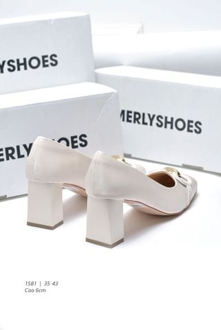 Giày Cao Gót Mũi Vuông Đế Vuông Trụ 6cm Khóa Ngang Merly 1581 Trắng Ngà, Giày Cao Gót Big Size 35-43, Giày Bít Mũi Nữ, Giày Công Sở Nữ, Giày Mũi Vuông Da Microfiber Mềm Mát & Chống Bám Bẩn Cao, Giày Cao Gót Big Size