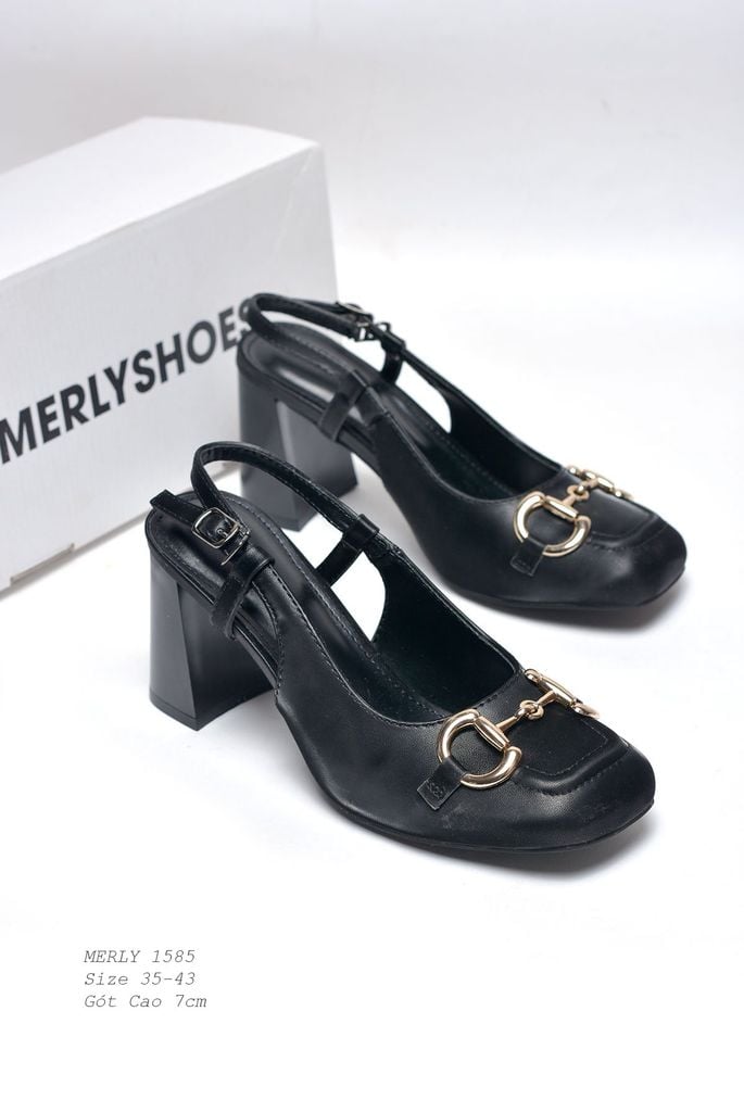 [Best Seller] Giày Cao Gót Đế Vuông 7cm Merly 1585-7P Đen Microfiber Mũi Vuông Khóa GC Da Cao Cấp Mềm Mát Chống Bám Bẩn Cao, Giày Cao Gót Slingback Big Size 35-43, Giày Công Sở Nữ, Giày Đi Dự Sự Kiện