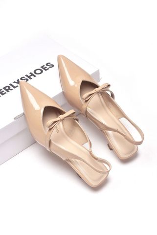 Giày Đi Tiệc Nude Mũi Nhọn Quai Ngang Đính Nơ Đế Thấp 3cm Merly 1602 Kem Bóng, Giày Cao Gót Big Size, Giày Cao Gót Slingback Hở Gót, Giày Đế Thấp 3p