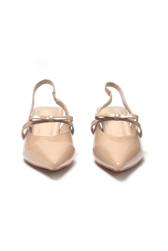 Giày Đi Tiệc Nude Mũi Nhọn Quai Ngang Đính Nơ Đế Thấp 3cm Merly 1602 Kem Bóng, Giày Cao Gót Big Size, Giày Cao Gót Slingback Hở Gót, Giày Đế Thấp 3p