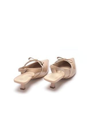 Giày Đi Tiệc Nude Mũi Nhọn Quai Ngang Đính Nơ Đế Thấp 3cm Merly 1602 Kem Bóng, Giày Cao Gót Big Size, Giày Cao Gót Slingback Hở Gót, Giày Đế Thấp 3p
